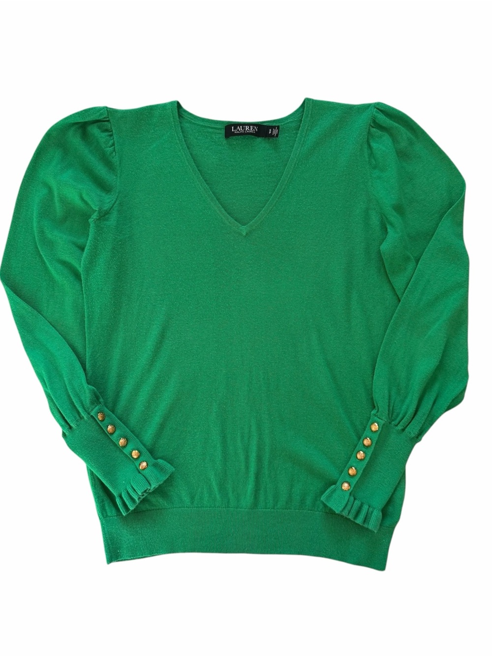 Lauren Ralph Lauren Green V-Neck Puff Sleeve Button Cuff Knit Sweater S